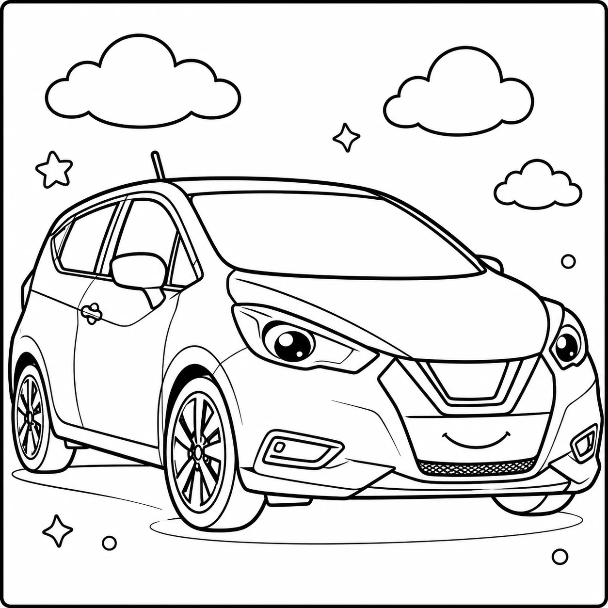 Schattige Nissan auto met ronde vormen, sterren en wolken voor een vrolijke kleurplaat
