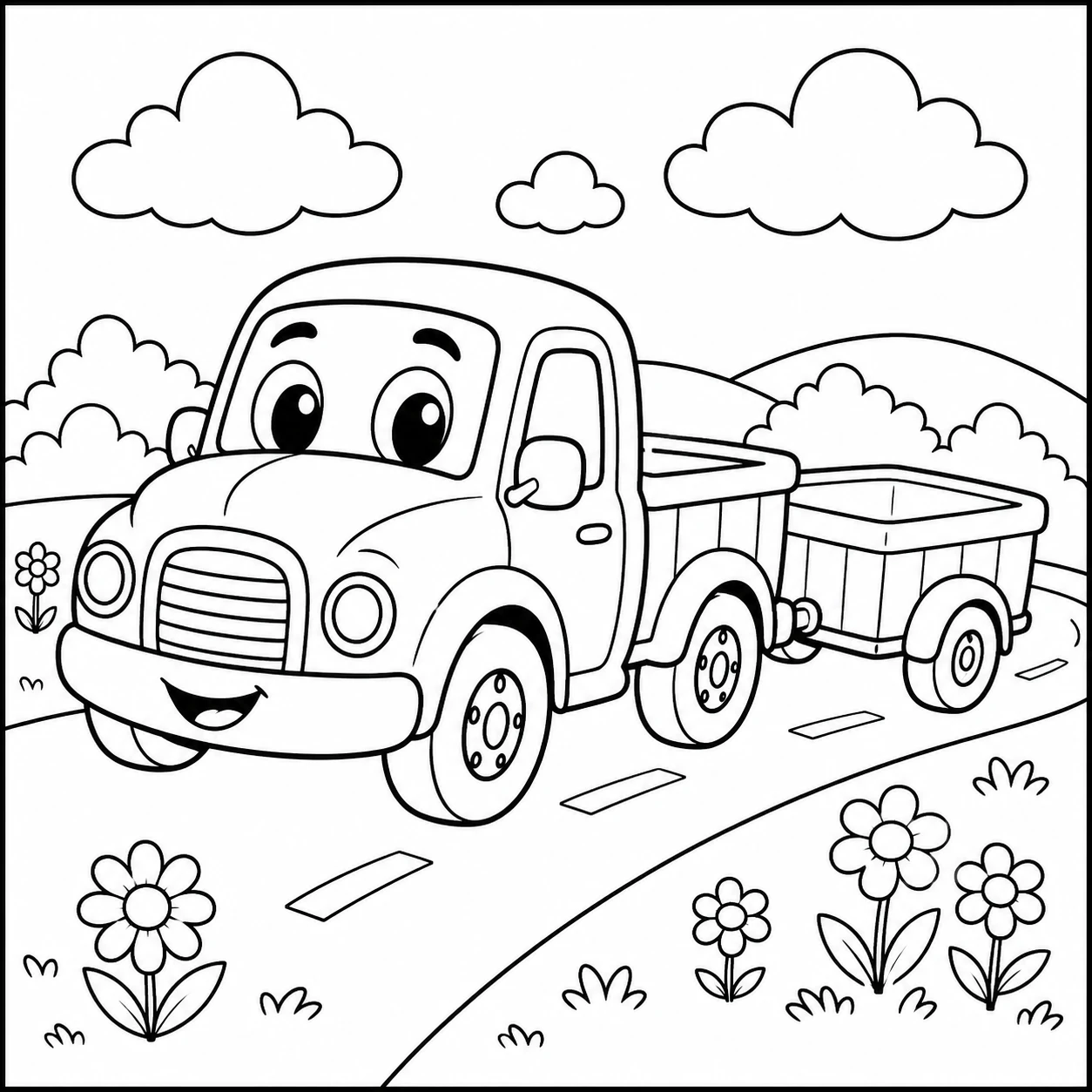 Lachende pick-up rijdt door bloemenvelden en trekt een lage aanhanger achter zich aan.
