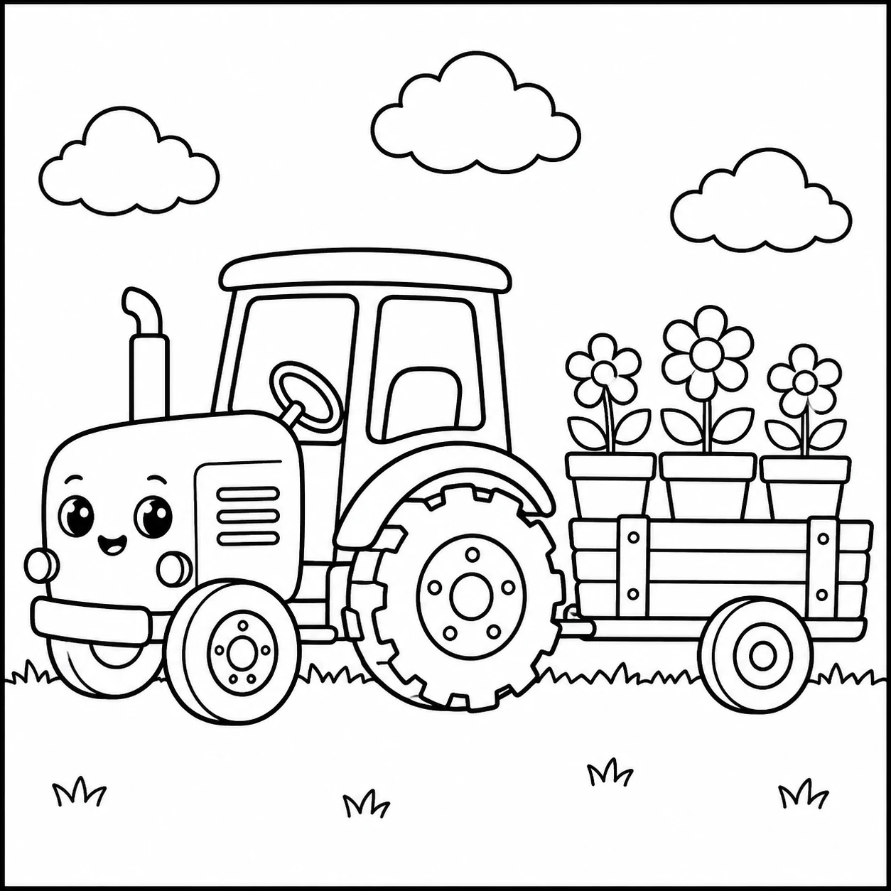 Kleurplaat tractor met aanhanger met een vrolijke trekker en bloempotten op de wagen in een boerderijomgeving