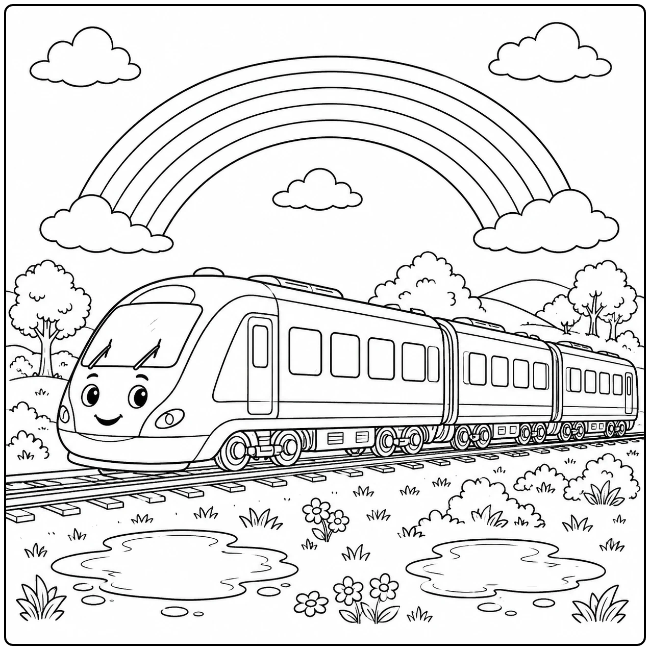 Vrolijke trein met een lachend gezicht rijdt onder een regenboog langs plassen en kleine bloemen