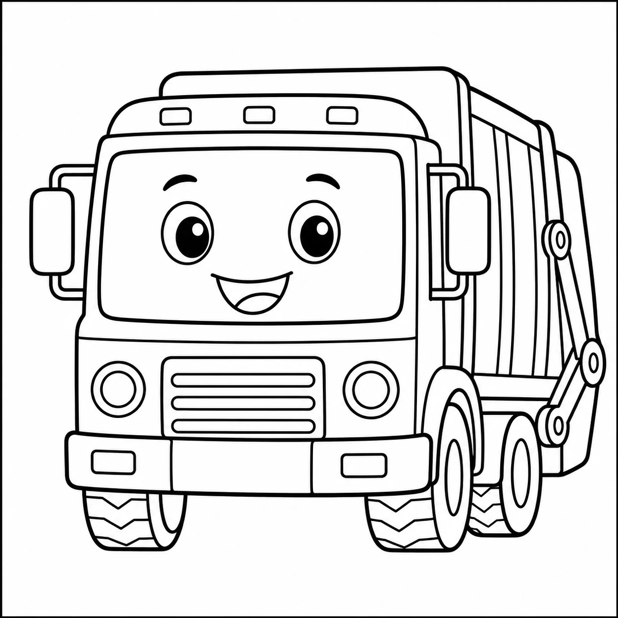 Een vrolijke voorkant van een kleurplaat vuilniswagen met grote ogen, cabine en brede banden