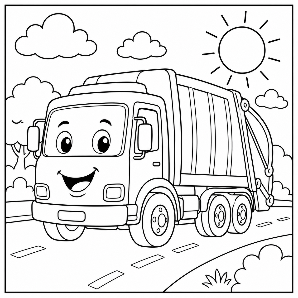 Vrolijke vuilniswagen met gezicht rijdt op een eenvoudige weg met zon en wolken