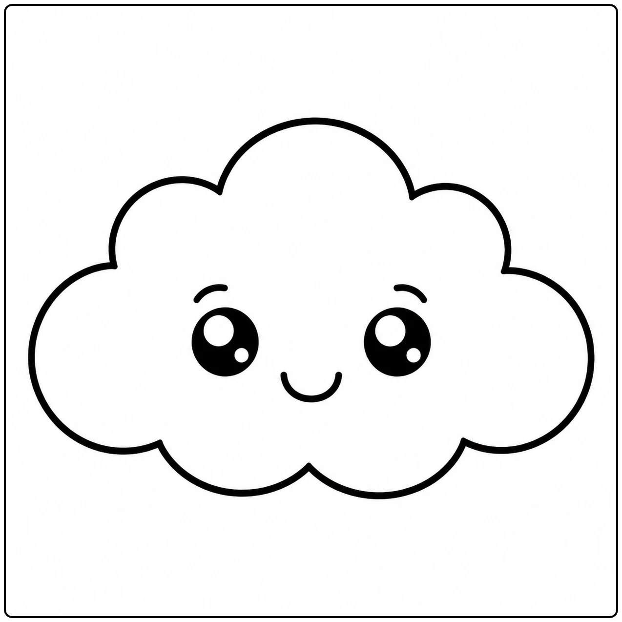 Blije wolk met grote glanzende ogen, een kleine glimlach en zachte ronde vormen.