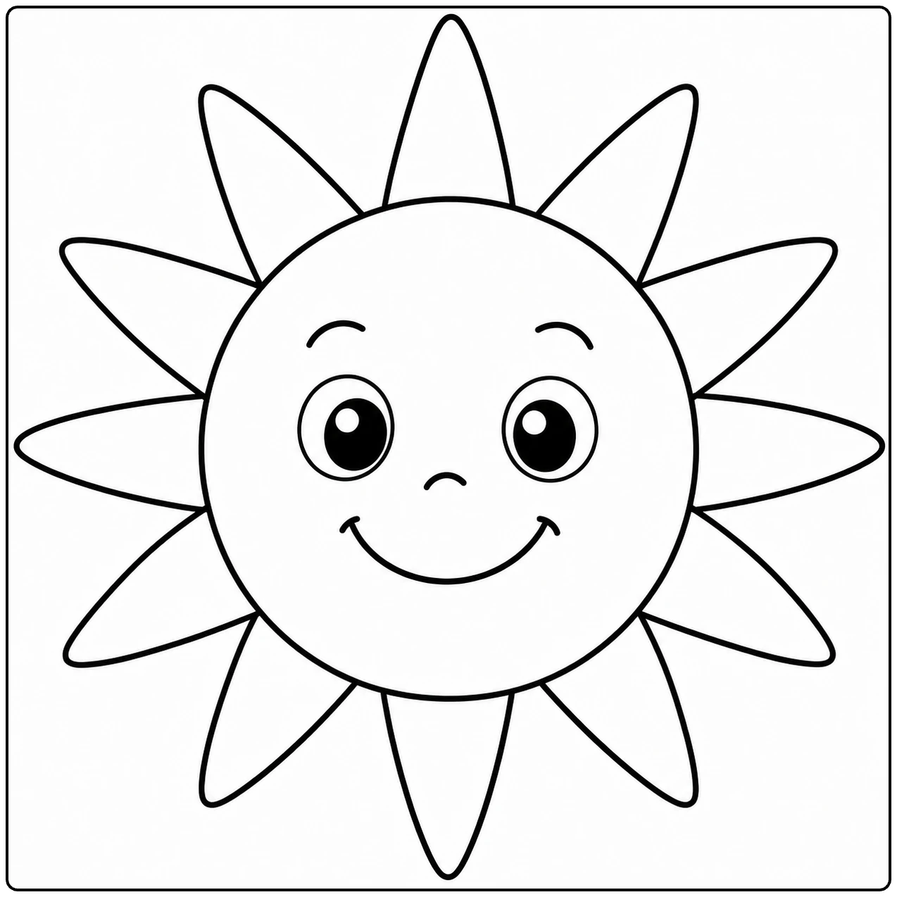 Vrolijke kleurplaat zon met grote ogen, een brede glimlach en lange puntige stralen