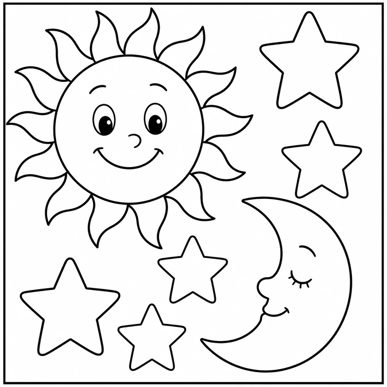 Lachende zon, slapende maansikkel en vijf sterren in een vrolijke kleurplaat zon.