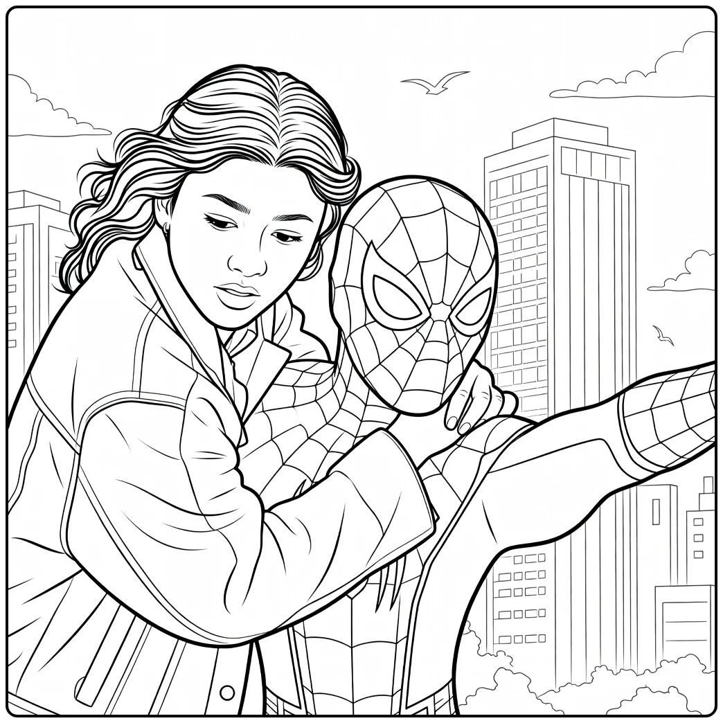 Spider Man Brand New Day Kleurplaat met een vrouw die een man in pak ondersteunt voor gebouwen
