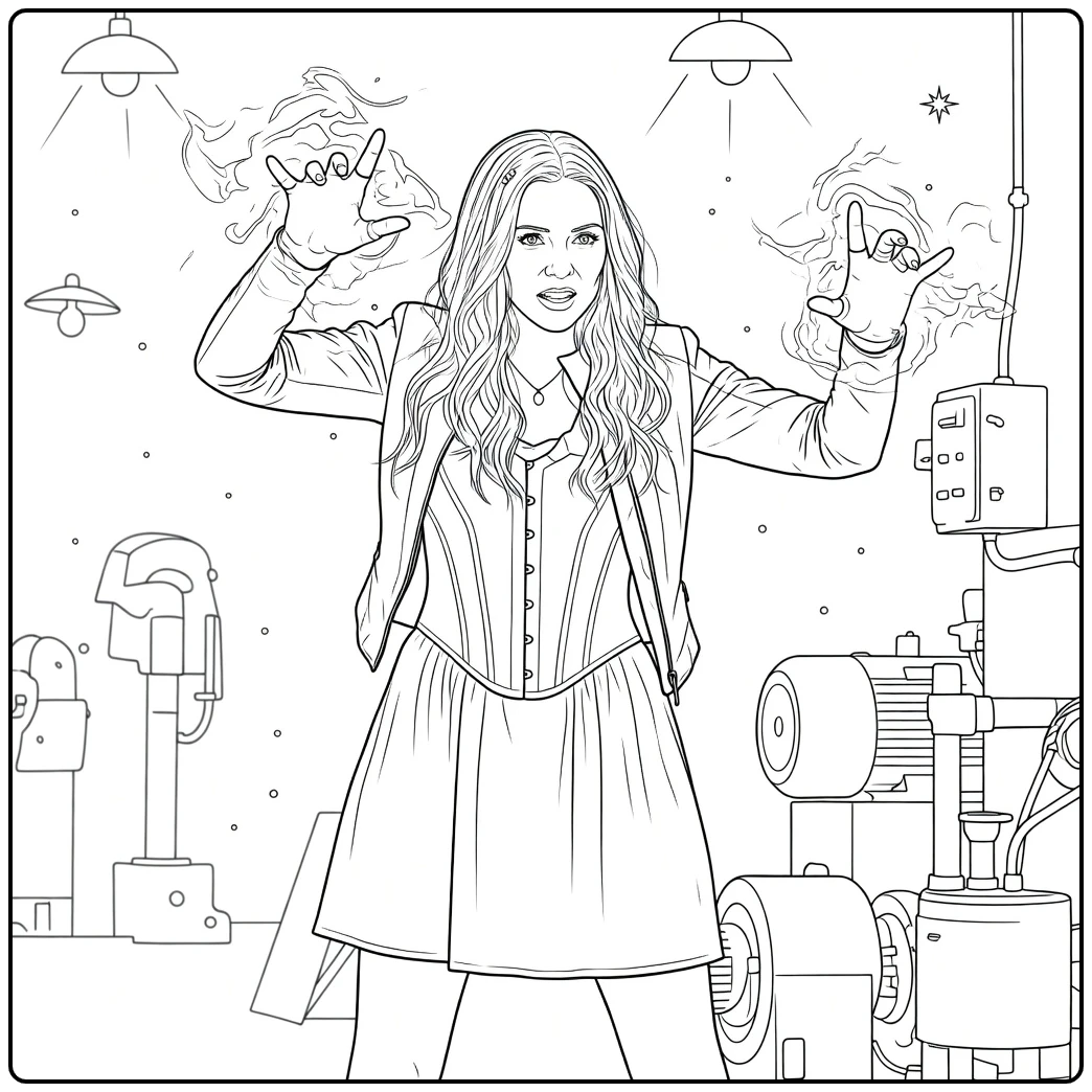 Jonge vrouw met lang haar en uitgestrekte armen die energie uitstralen tussen industriële machines Scarlet Witch Kleurplaat