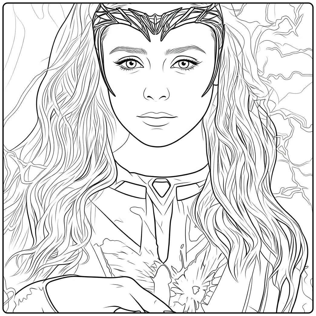 Scarlet Witch Kleurplaat met een vrouw met lang golvend haar en sierlijke hoofdtooi