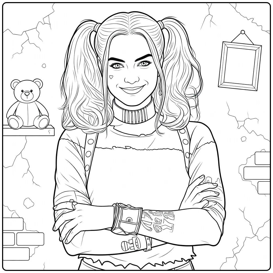 Harley Quinn Kleurplaat van een jonge vrouw met staartjes, armen over elkaar en een hartje op haar wang