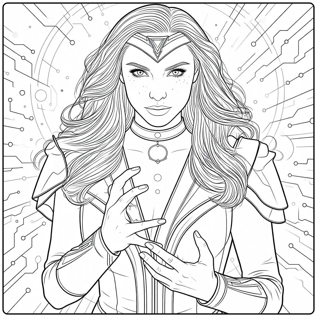 Vrouw met lang golvend haar, rode ogen en hoofdsieraad die handen opheft Scarlet Witch Kleurplaat