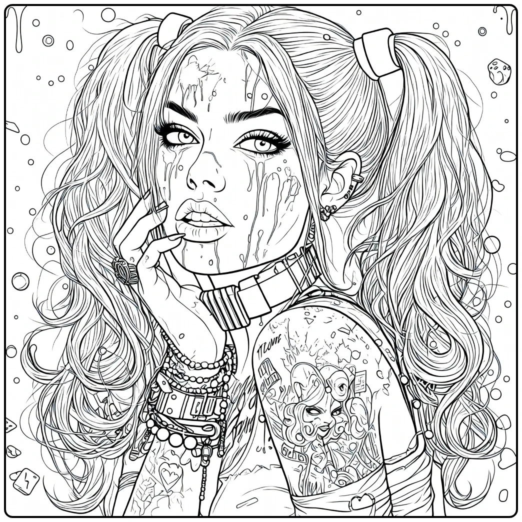 Lijntekening van een vrouw met hoge staarten, verfspatten op gezicht en tatoeages Harley Quinn Kleurplaat