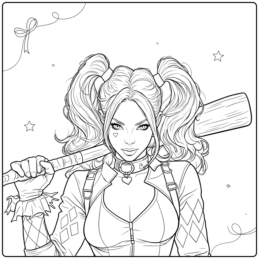 Harley Quinn Kleurplaat van een vrouw met staartjes die een knuppel over haar schouder houdt