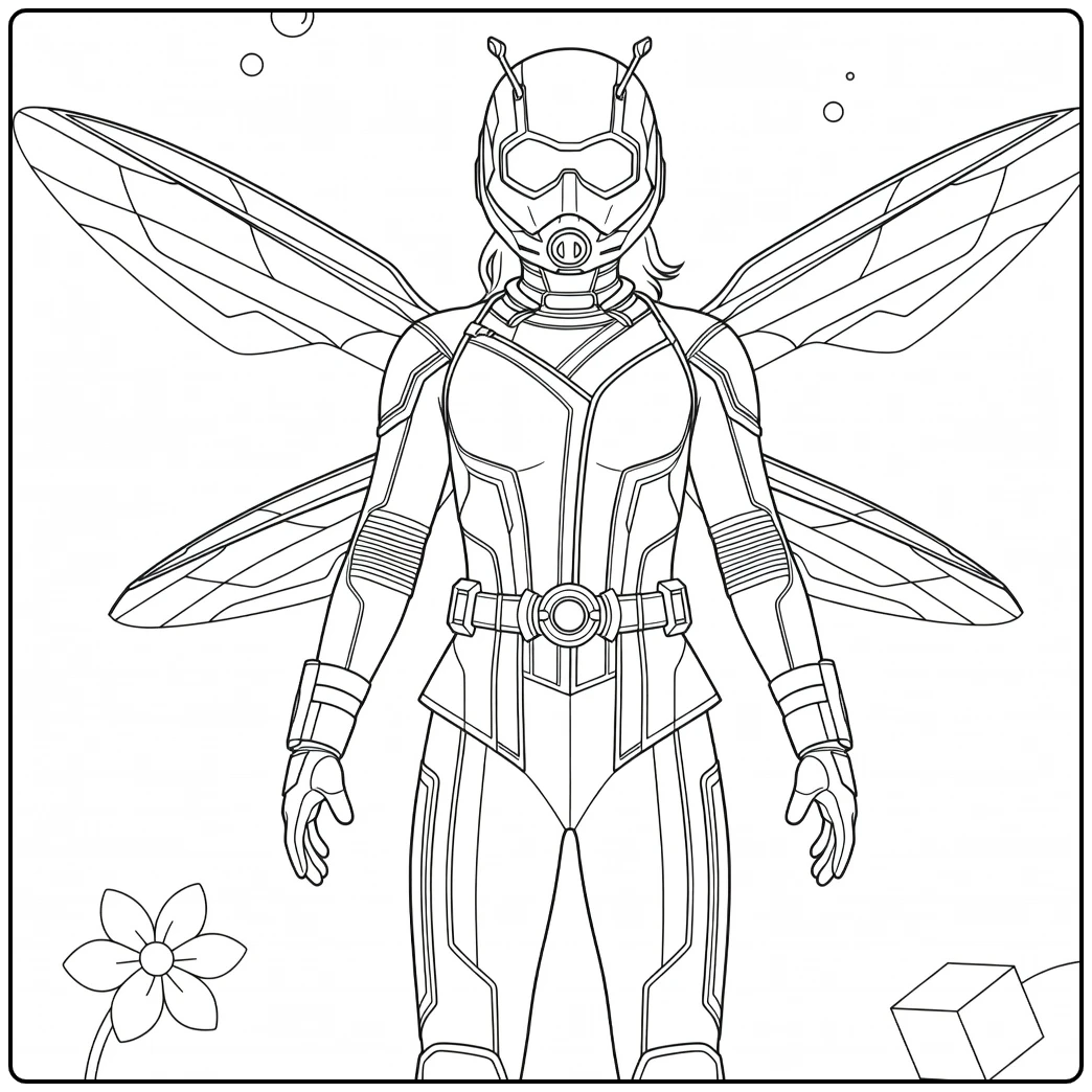 Ant-Man Kleurplaat van een vrouwelijke figuur in een gepantserd pak met insectachtige vleugels en helm