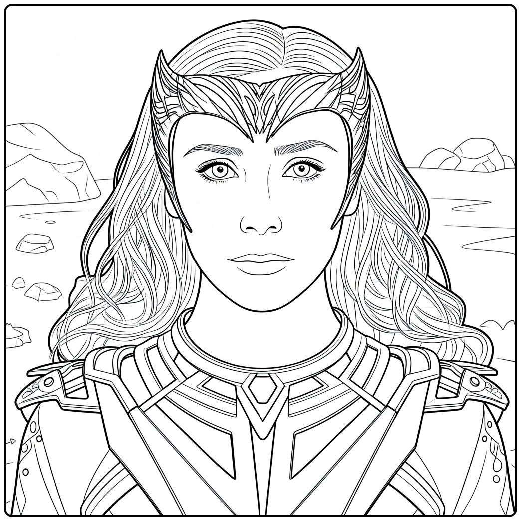 Roodharige vrouw met groene ogen en gepantserd harnas met vleugelhelm Scarlet Witch Kleurplaat