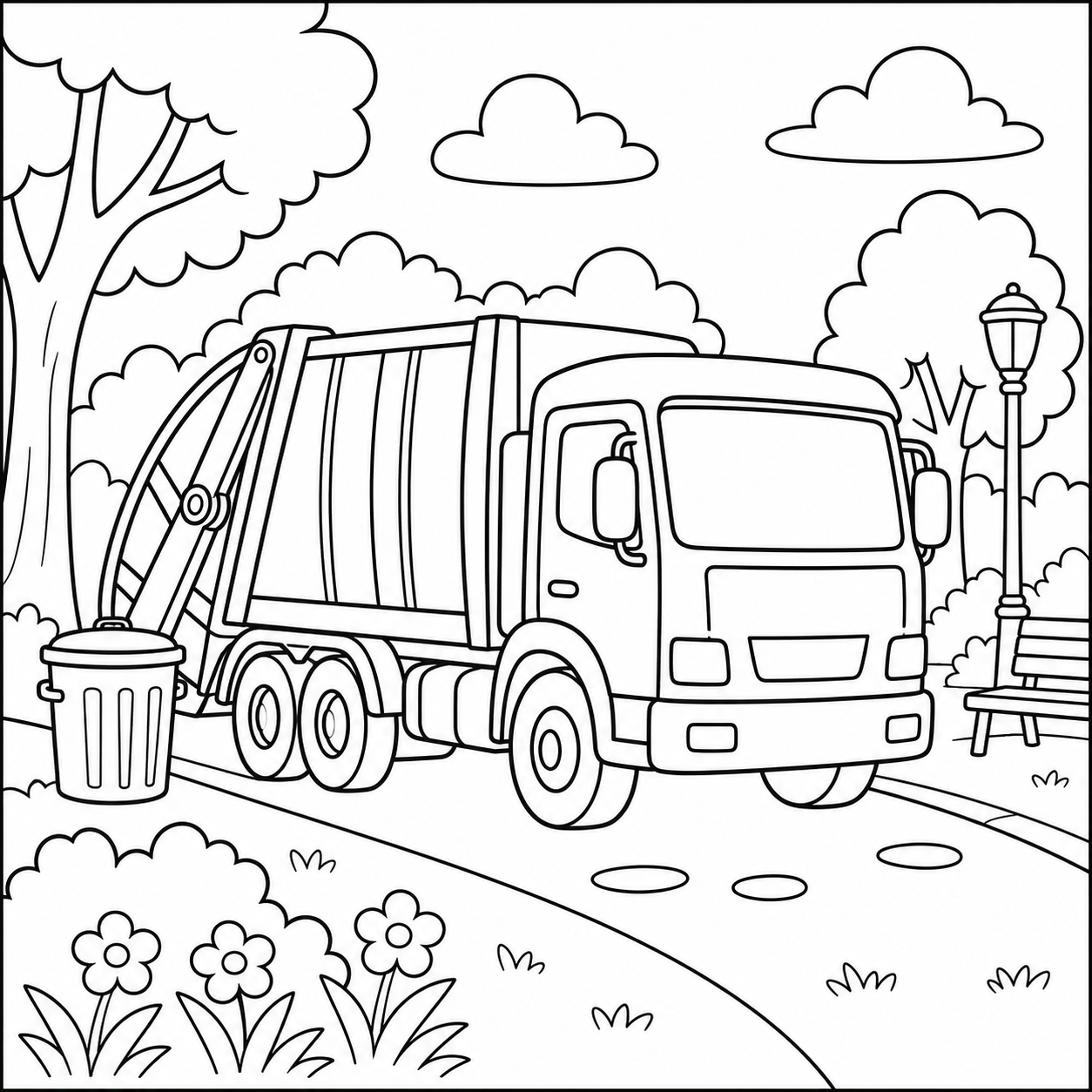 Afvalwagen langs een groen park met bomen, bloemen en een afvalbak