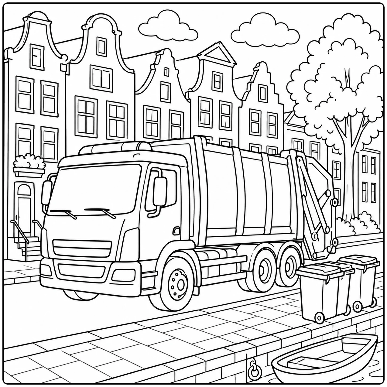 Kleurplaat vuilniswagen in een Nederlandse straat met huizen, bomen en afvalbakken langs de weg