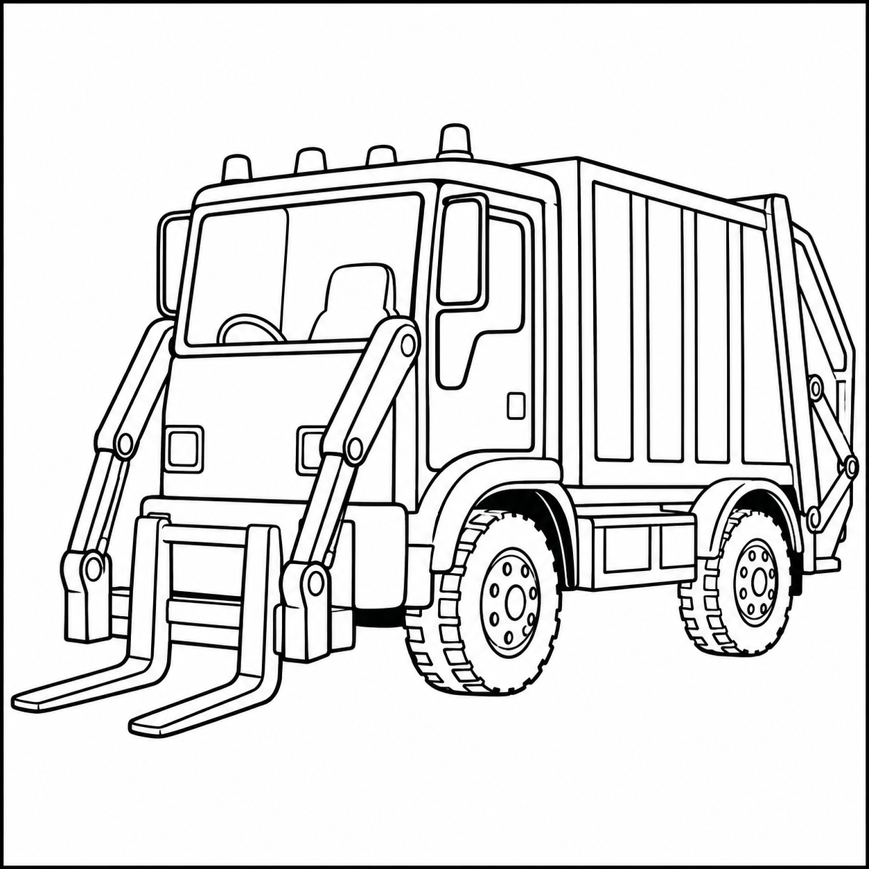 Grote vuilniswagen met hefarmen en een container aan de voorkant voor kleurplezier