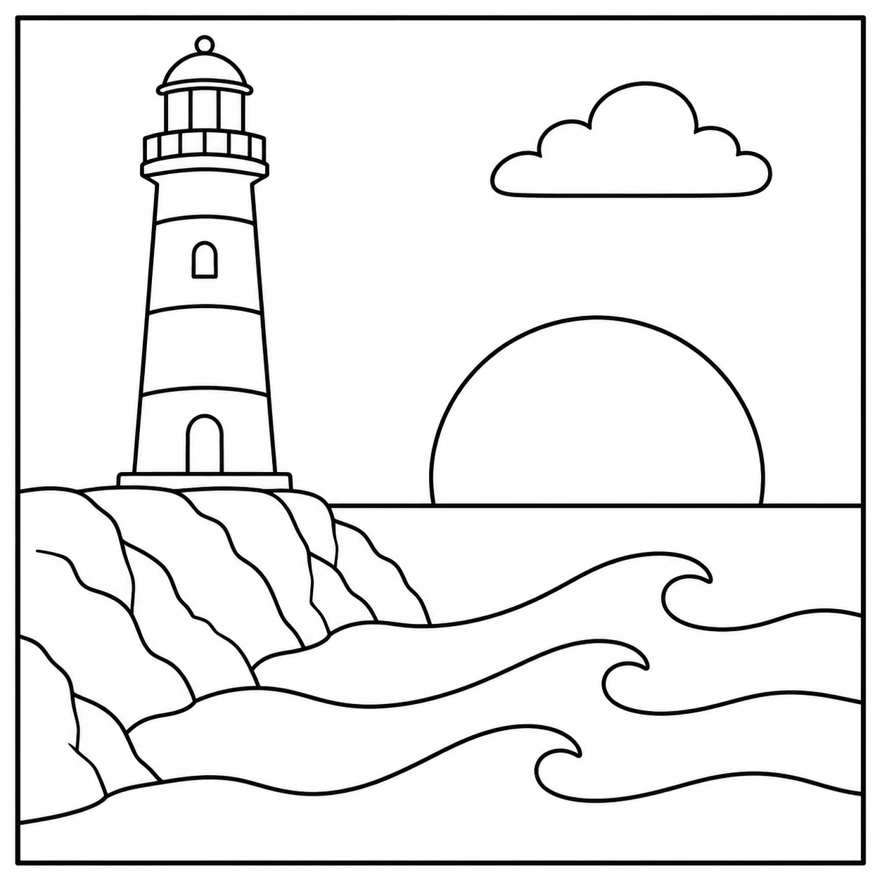 Vuurtoren op rotsen naast hoge golven, met een lage zon aan de heldere horizon.