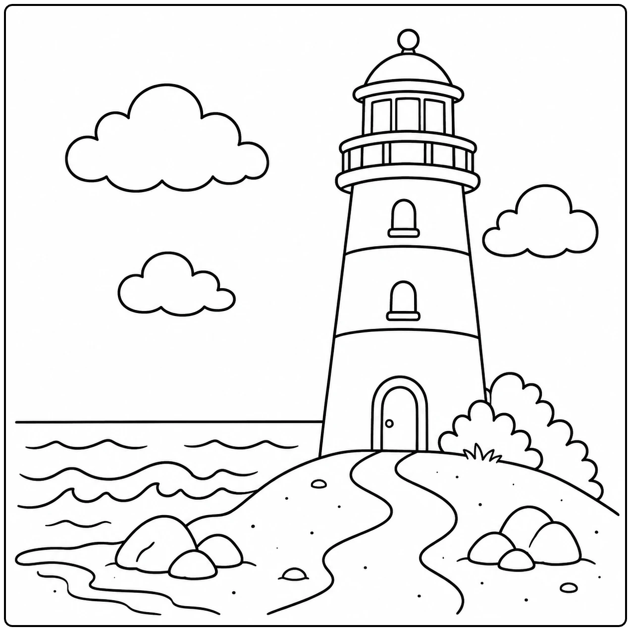Hoge vuurtoren met slingerpad, rotsen en wolken in een rustige kleurplaat zee aan de kust.