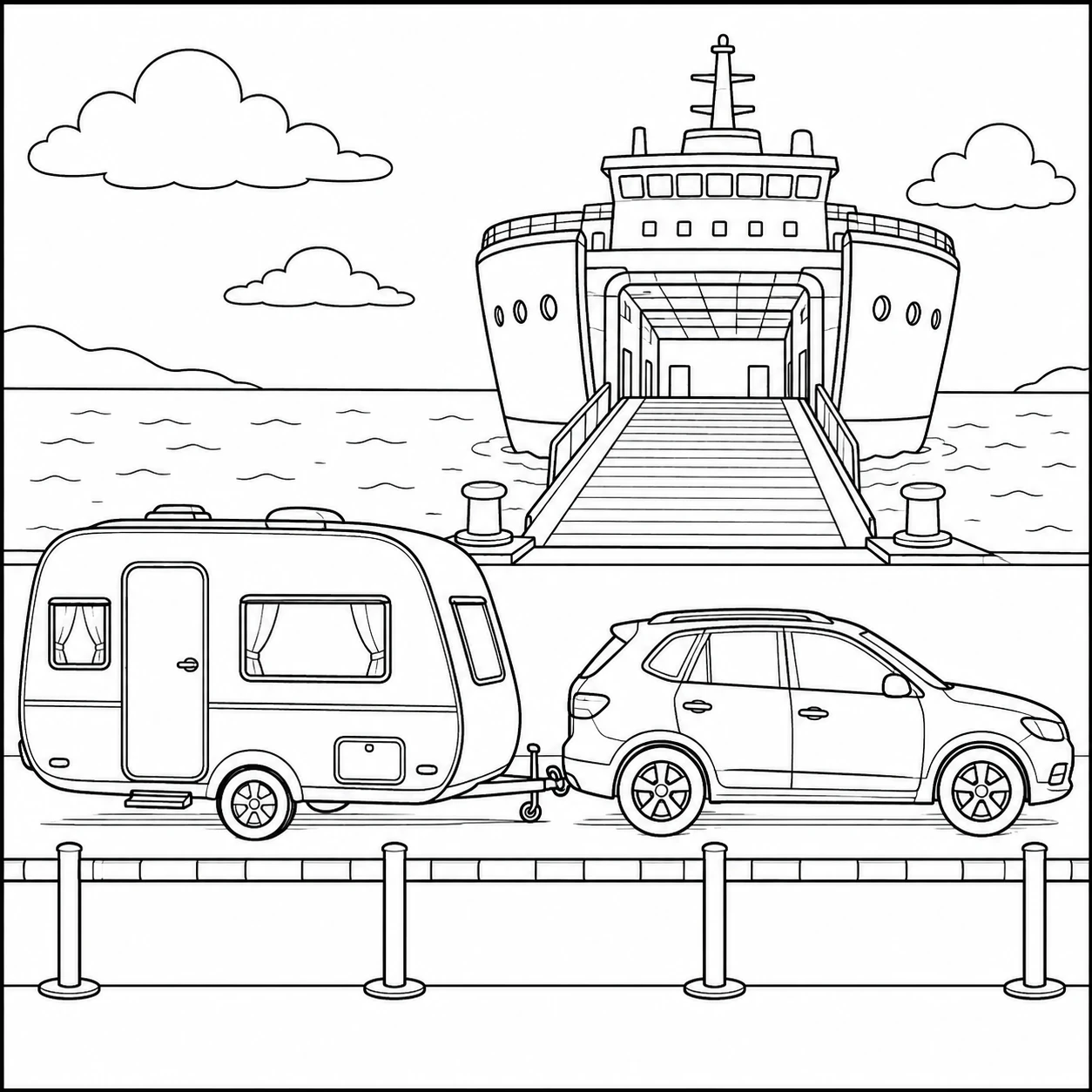 Auto en caravan wachten bij de veerboot, met slagboom, kade en schip op de achtergrond.