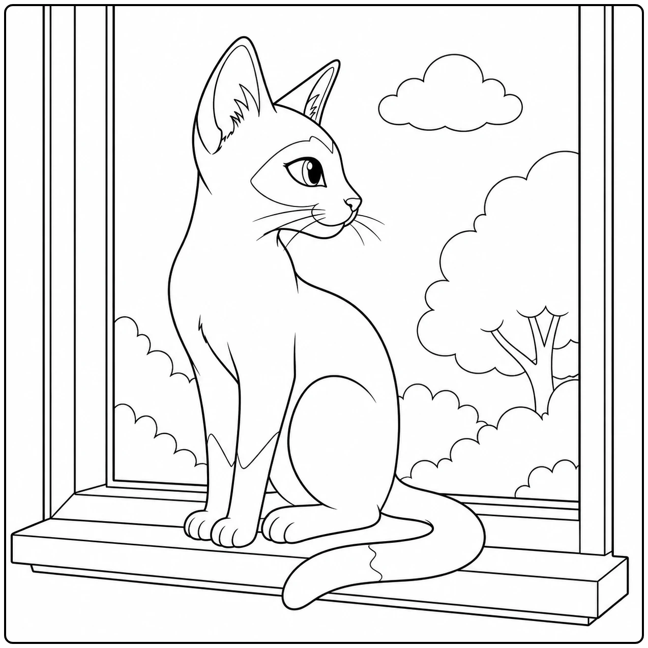 Op de vensterbank kijkt een kat naar wolken en bomen, een rustige kleurplaat siamese kat met lange staart