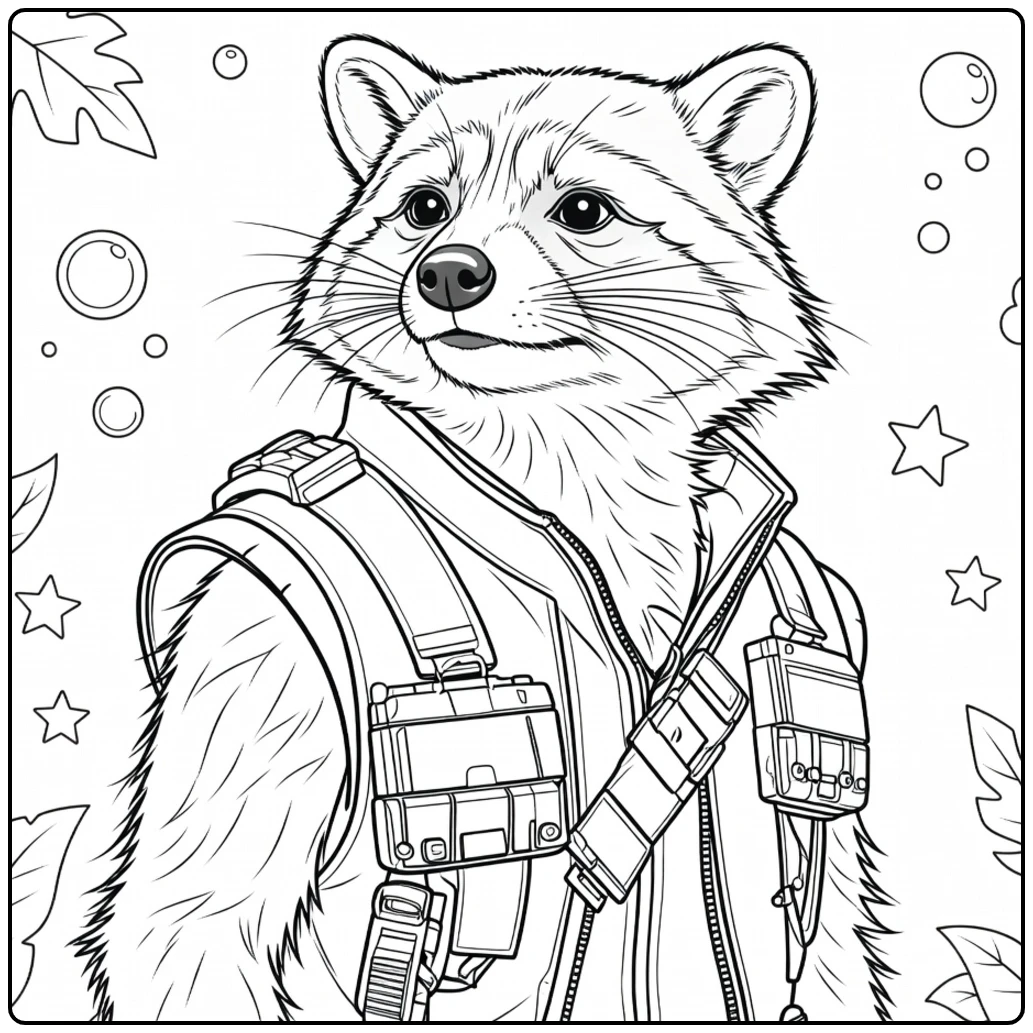 Anthropomorfe wasbeer met tactisch vest en waakzame uitdrukking Rocket Raccoon Kleurplaat