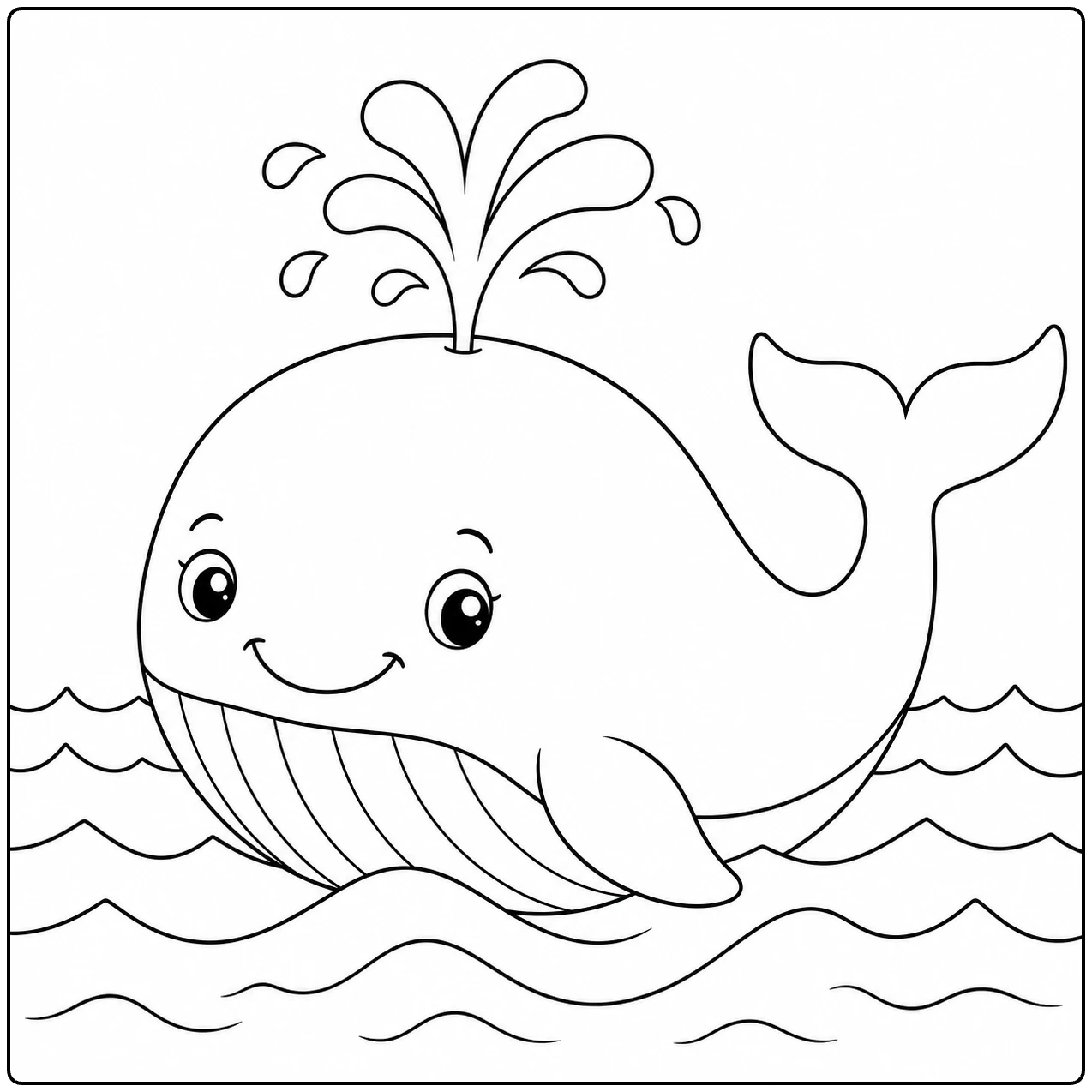 Ronde walvis met waterspuit en zachte golven, een vrolijke kleurplaat zee voor kinderen
