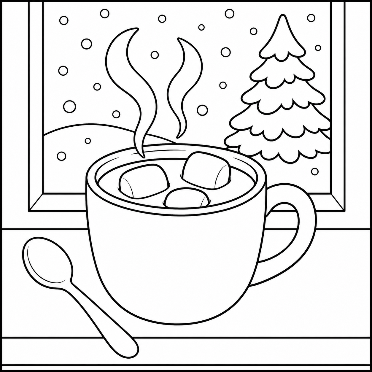 Warme chocolademelk met marshmallows staat voor een raam met sneeuw en een hoge dennenboom