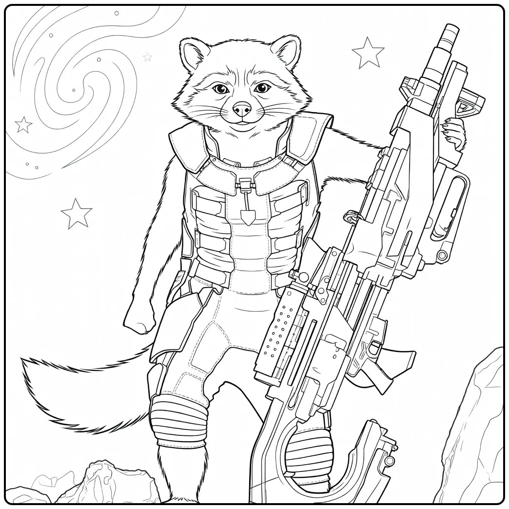 Rocket Raccoon Kleurplaat van een antropomorfe wasbeer in harnas met groot futuristisch geweer