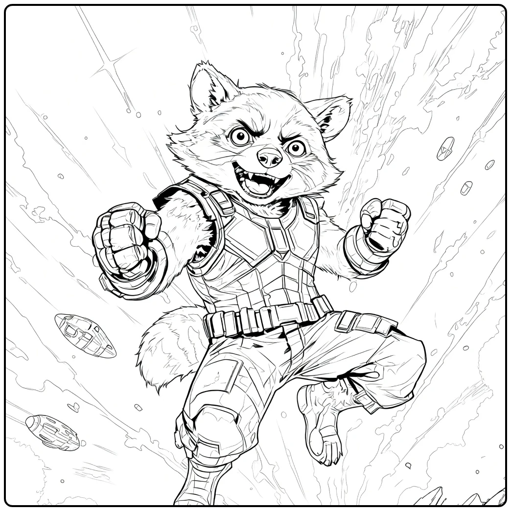 Rocket Raccoon Kleurplaat van een antropomorfe wasbeer in een dynamische sprong met gebalde vuisten en gepantserd pak