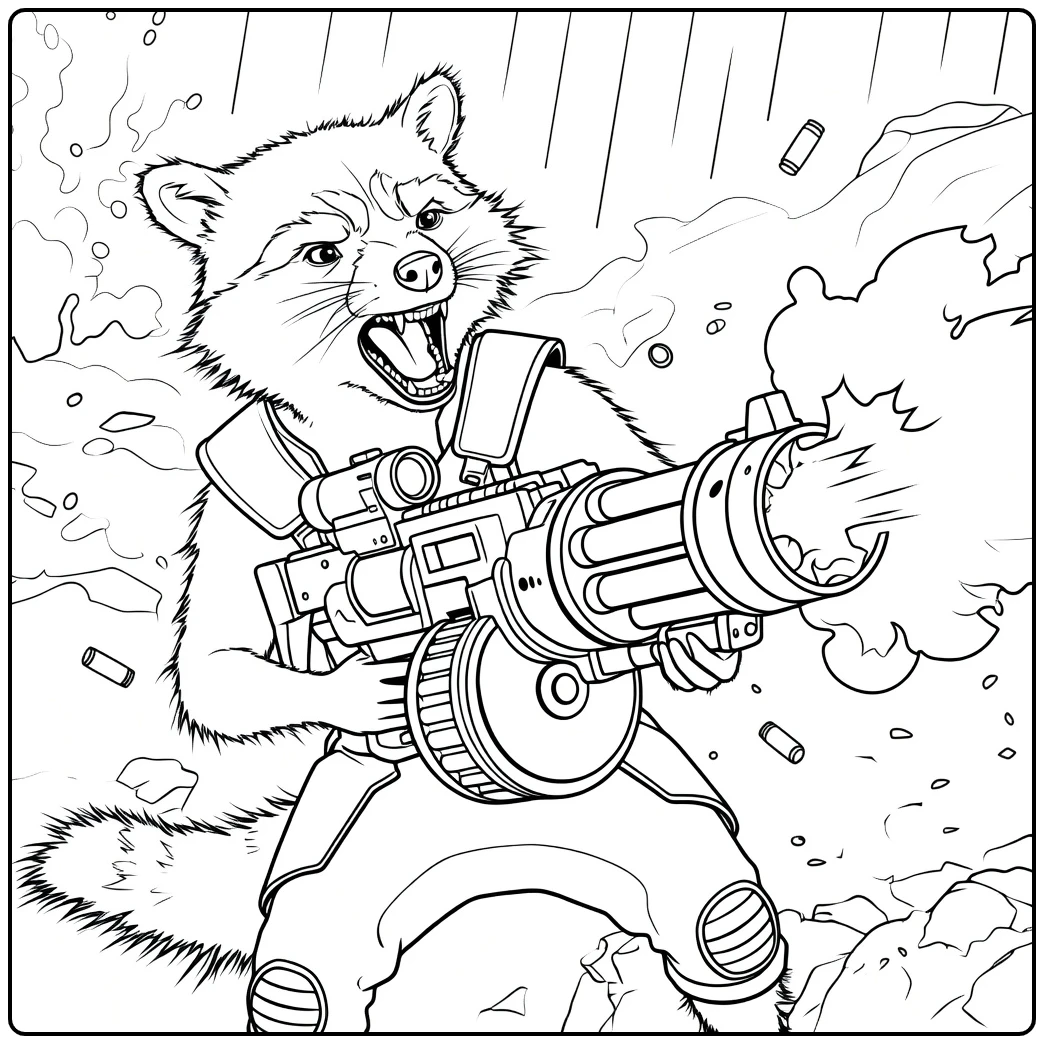Anthropomorfe wasbeer in gevechtshouding met groot wapen Rocket Raccoon Kleurplaat