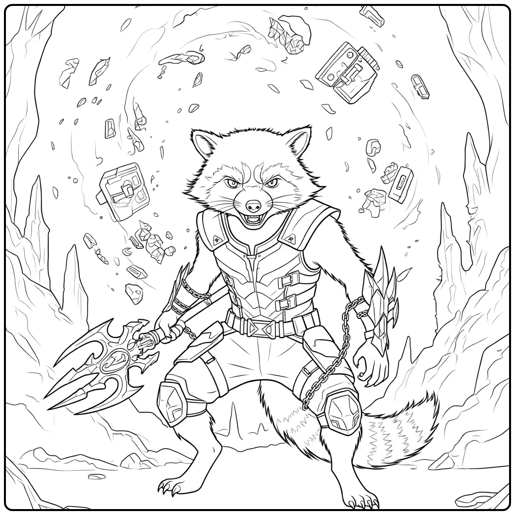 Rocket Raccoon Kleurplaat met een antropomorfe wasbeer in brede vechtstand met gepunte knots en metalen harnas
