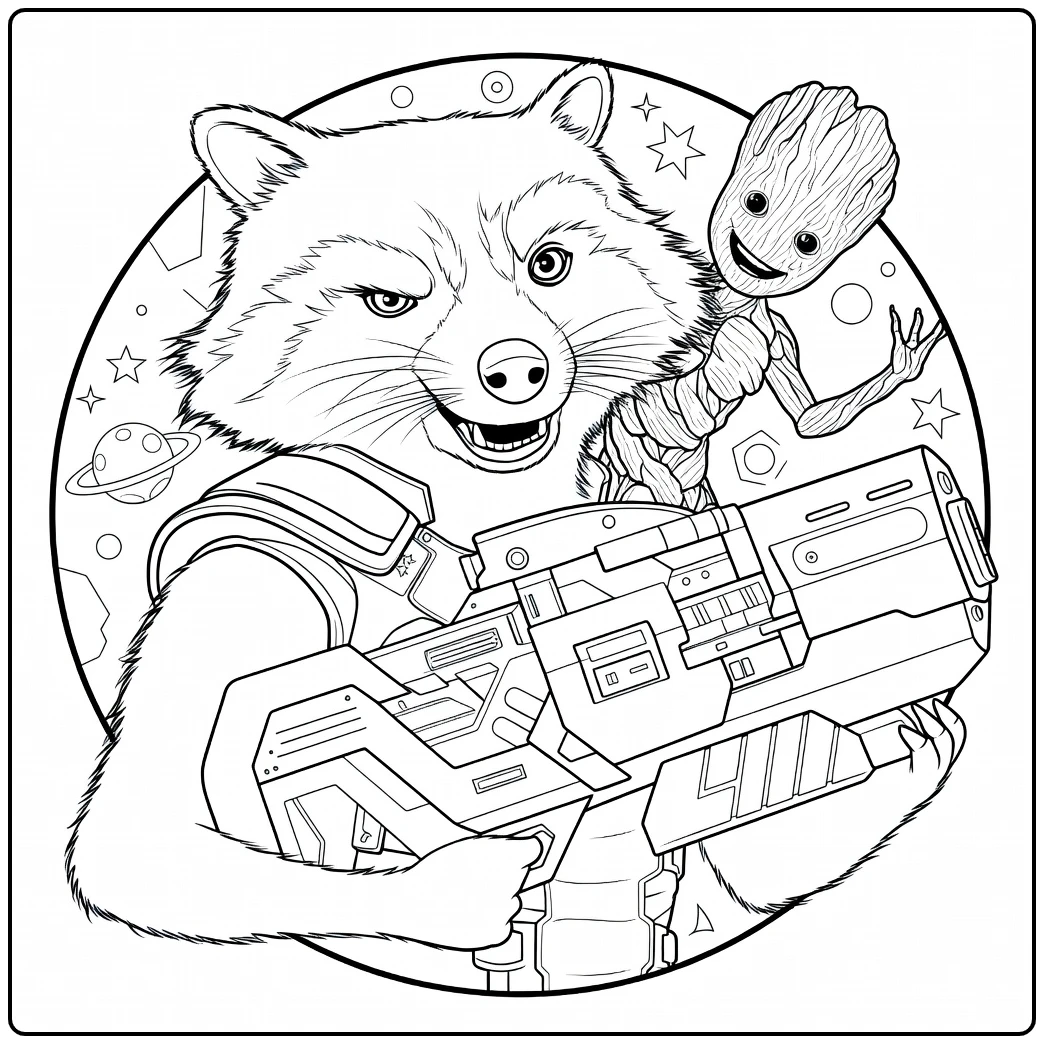 Rocket Raccoon Kleurplaat met een antropomorfe wasbeer die een groot wapen vasthoudt en een kleine figuur op de achtergrond