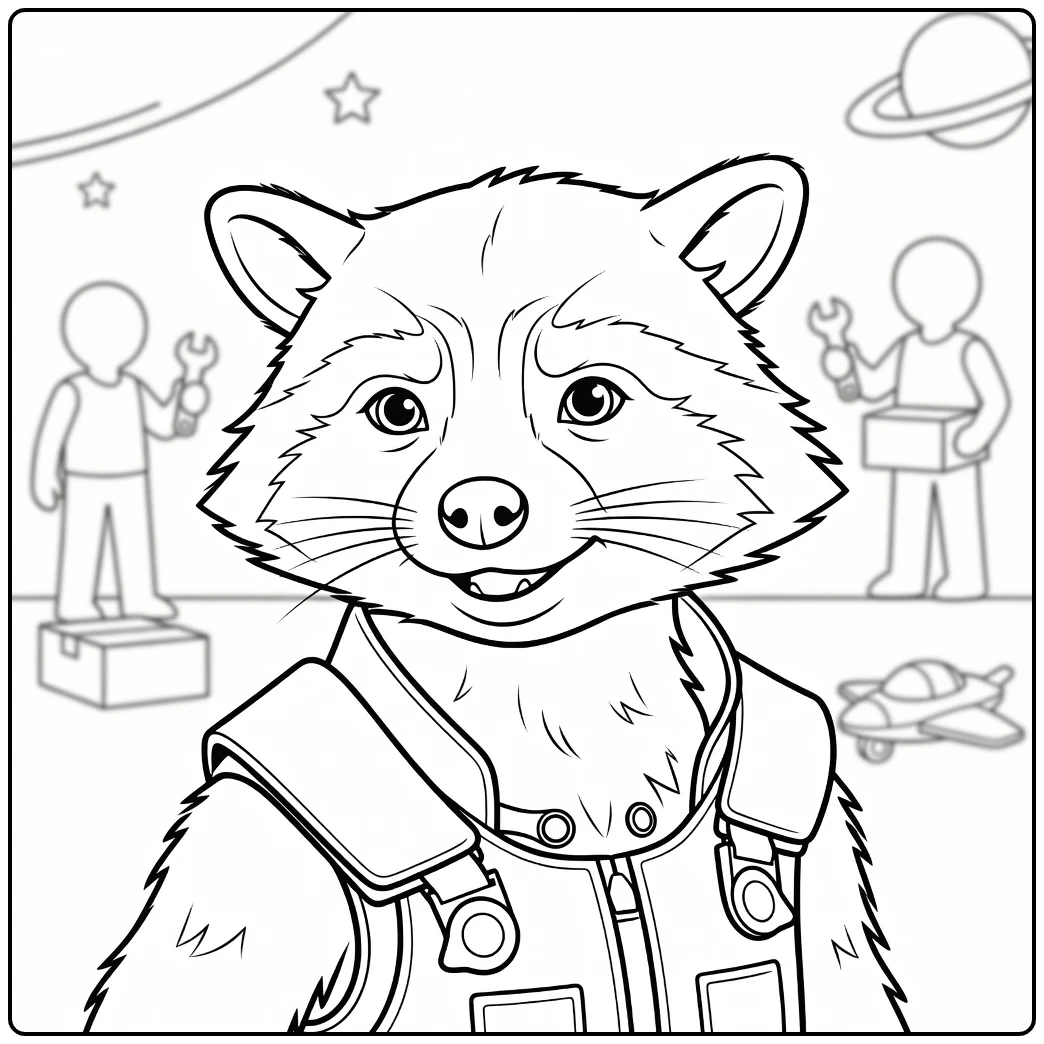 Rocket Raccoon Kleurplaat van een antropomorfe wasbeer met vest en metalen gespen