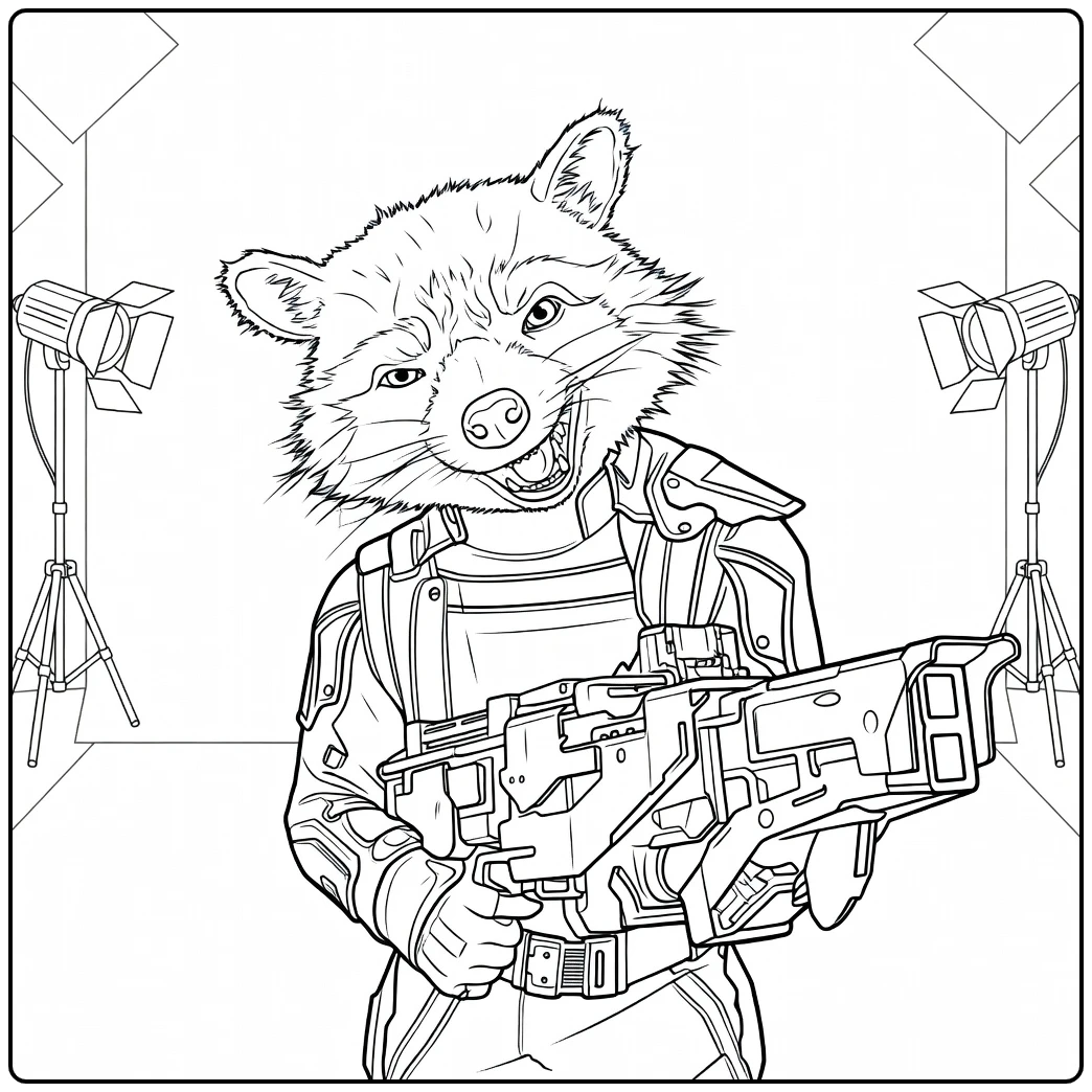 Anthropomorfe wasbeer in harnas die een groot futuristisch wapen richt Rocket Raccoon Kleurplaat