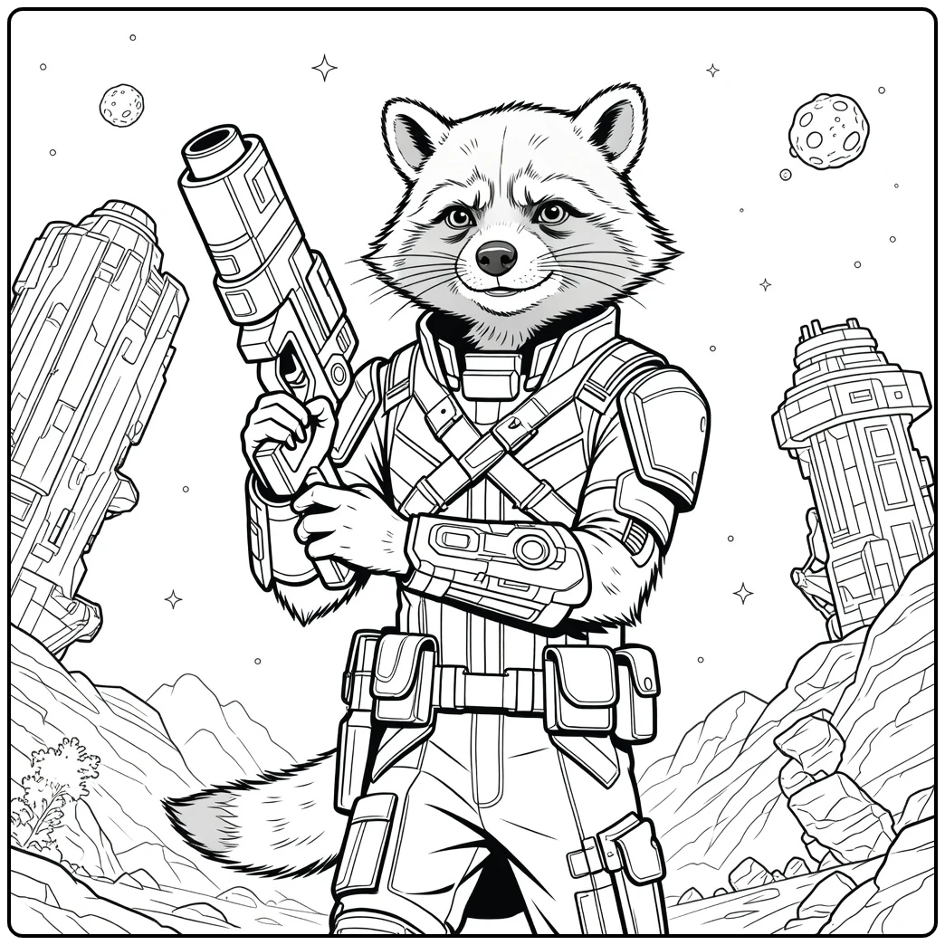 Rocket Raccoon Kleurplaat met een rechtopstaande wasbeer die een groot futuristisch wapen vasthoudt in een gepantserd pak
