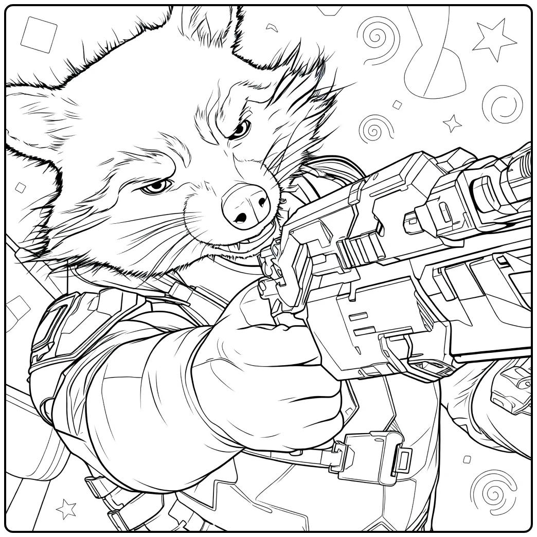 Rocket Raccoon Kleurplaat van een wasbeer die voorover leunt met een groot wapen