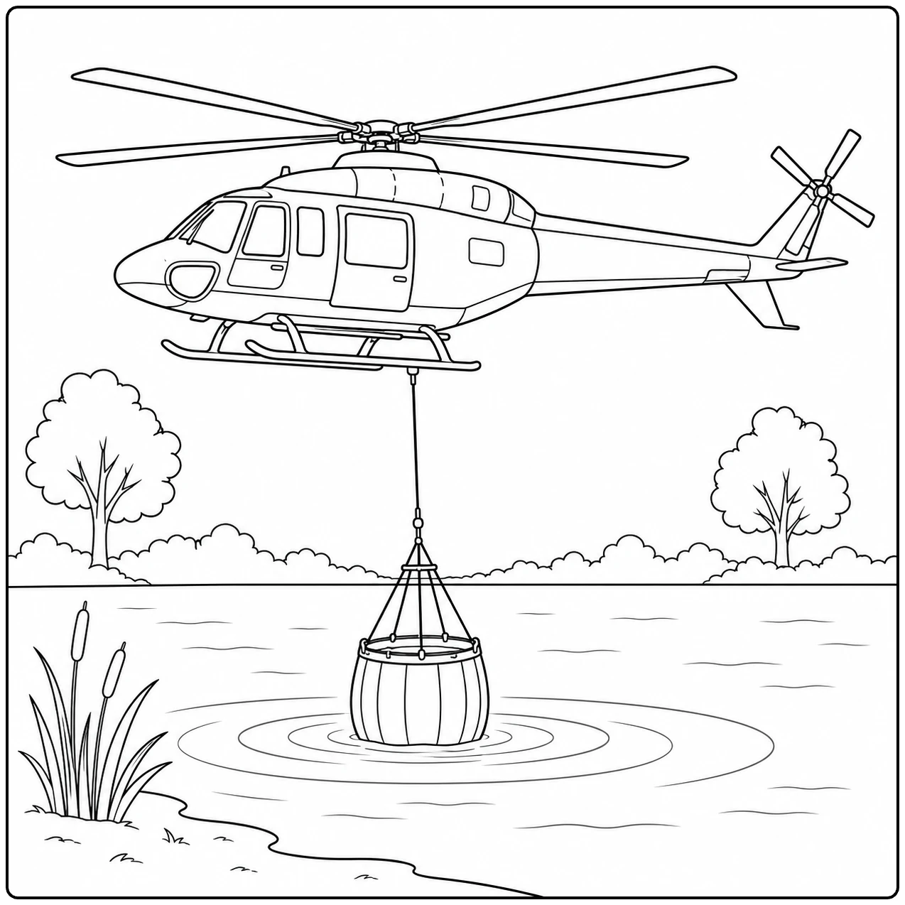 Helikopter vult een waterzak in een rustige vijver met bomen langs de oever