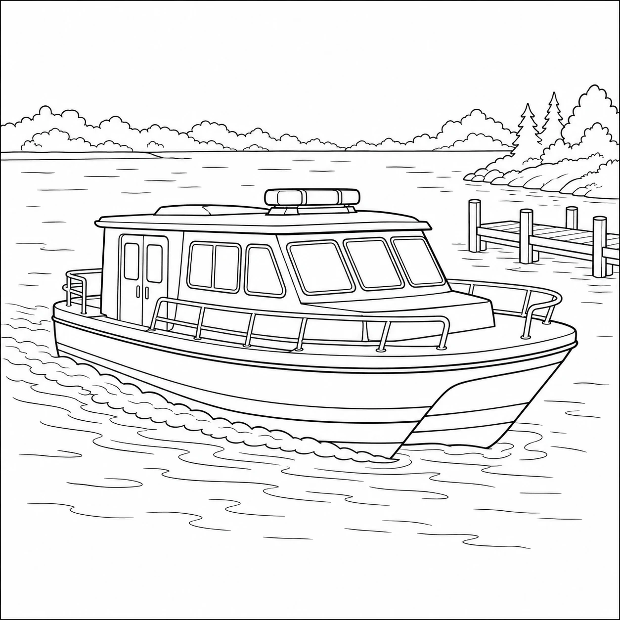 Waterambulance vaart over rustig water met een aanlegsteiger en verre kust in deze kleurplaat ambulance