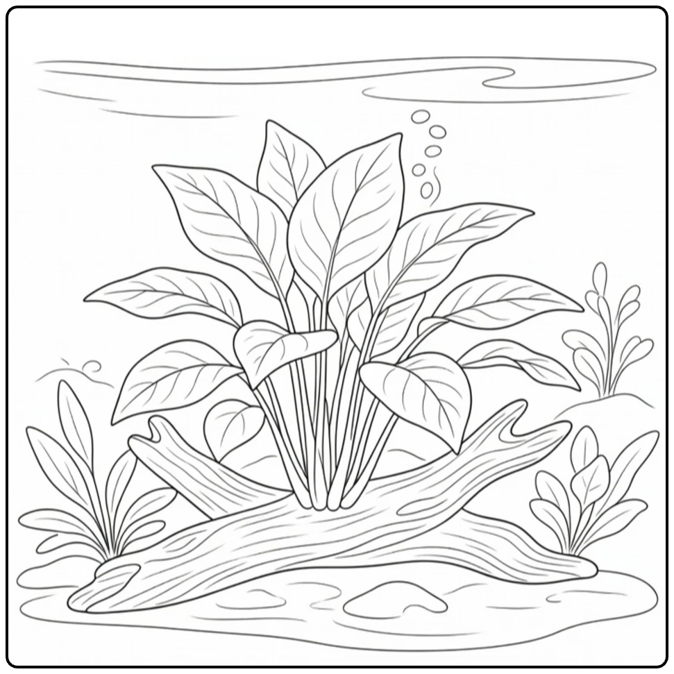 Waterplanten Kleurplaat anubias op drijfhout in aquarium