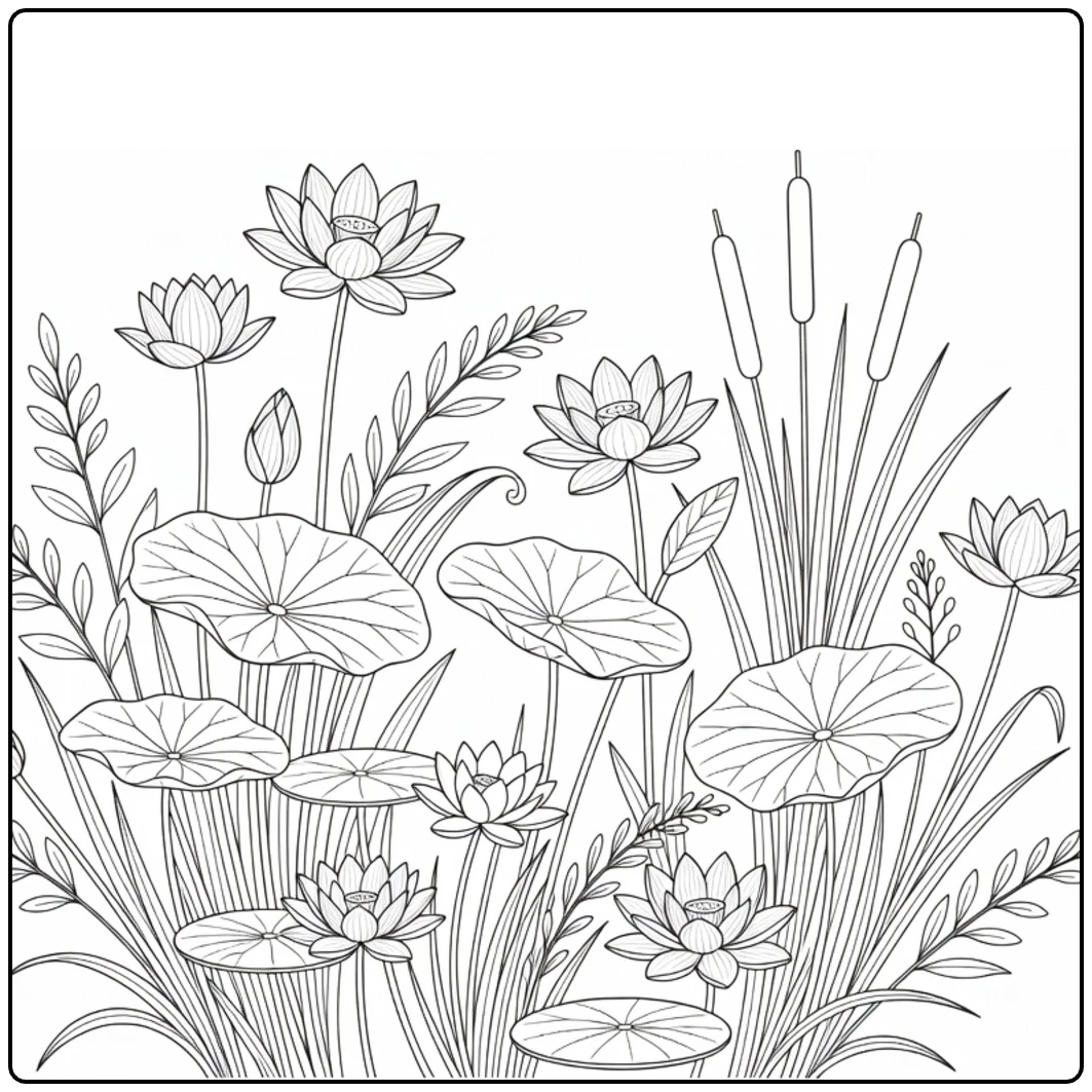Waterplanten Kleurplaat met lotus en waterlelies
