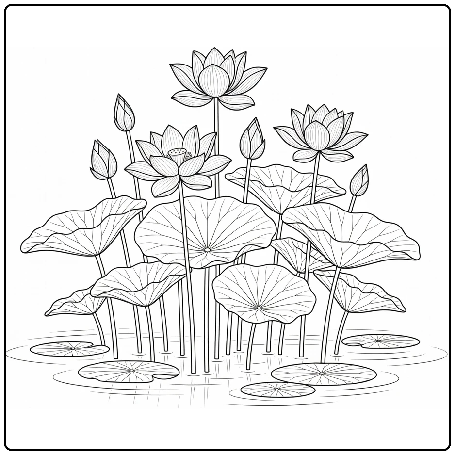 Waterplanten Kleurplaat lotusbloemen in vijver