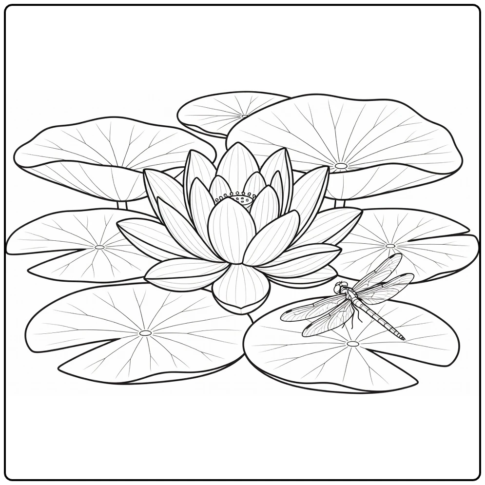 Waterplanten Kleurplaat met bloeiende lotus en rustende libel