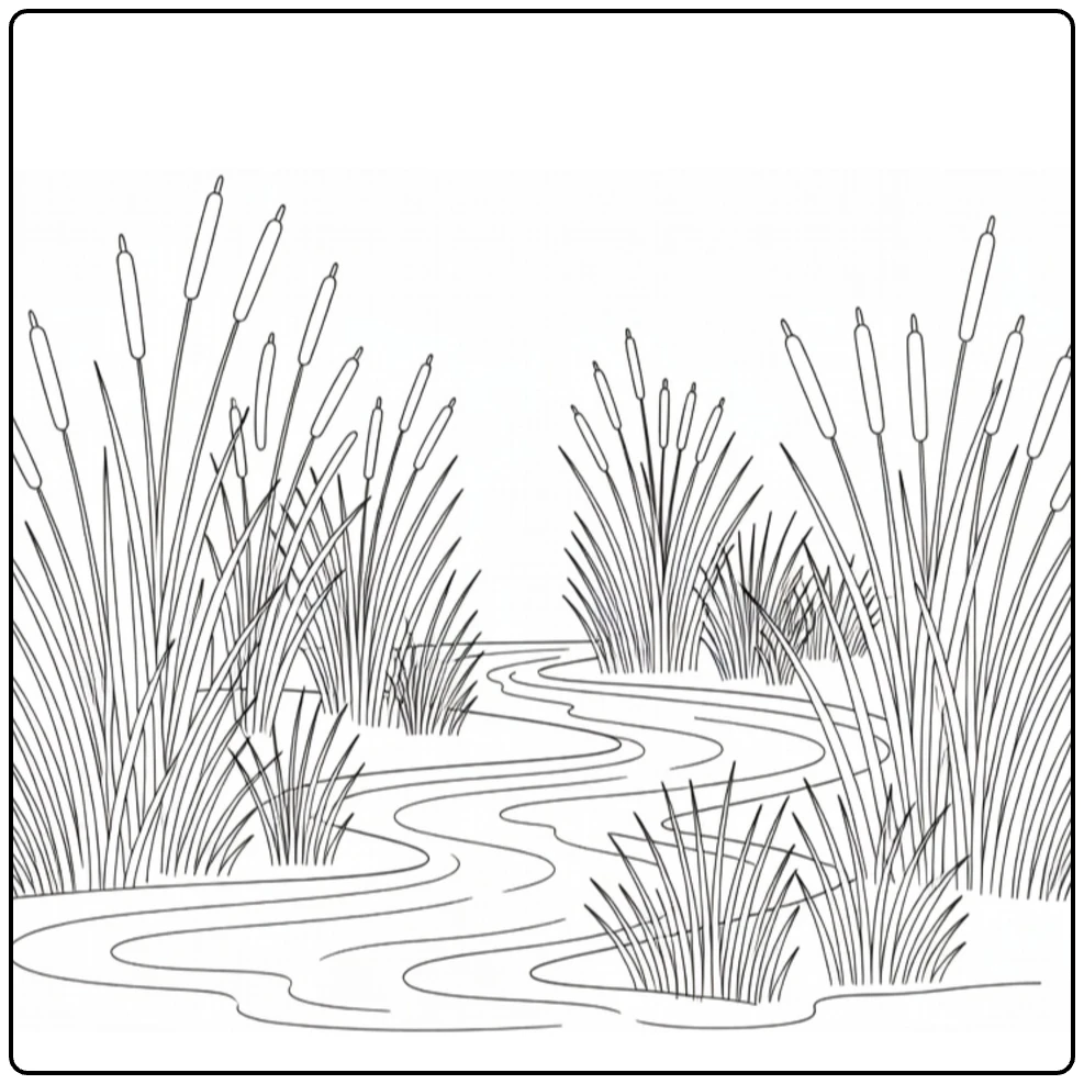 Waterplanten Kleurplaat oever met riet langs beek