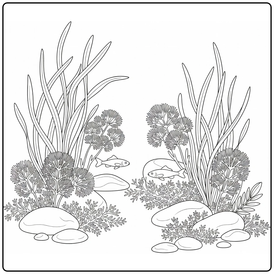Waterplanten Kleurplaat met aalgras en zwemmende vissen