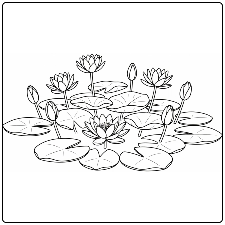 Waterplanten Kleurplaat met waterlelie bladeren en knoppen