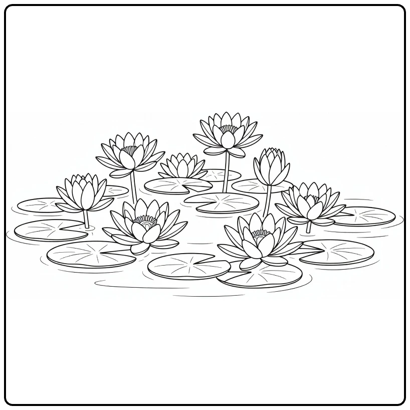 Waterplanten Kleurplaat met waterlelies en leliebladeren