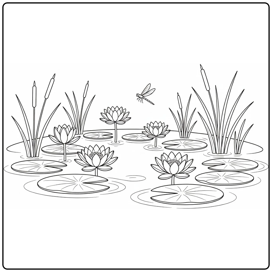 Waterplanten Kleurplaat met waterlelies en libel in een vijver