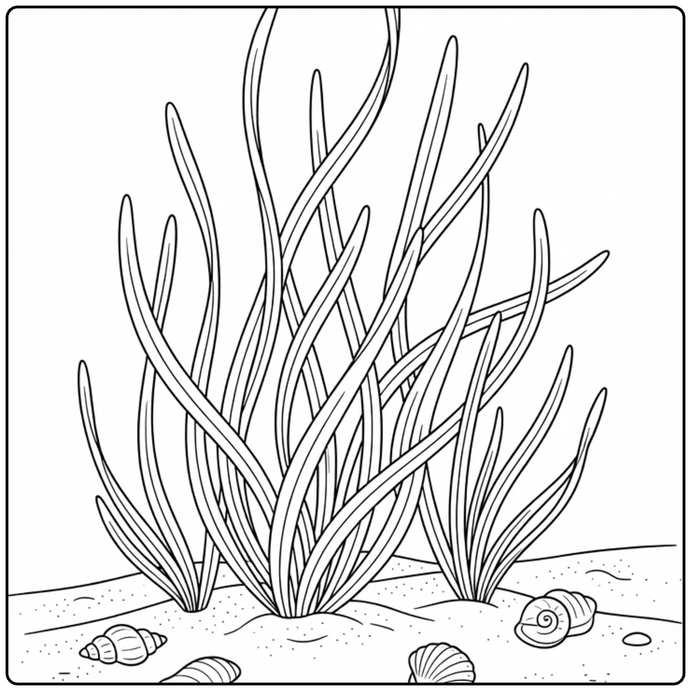 Waterplanten Kleurplaat met zeegras en schelpen op zand