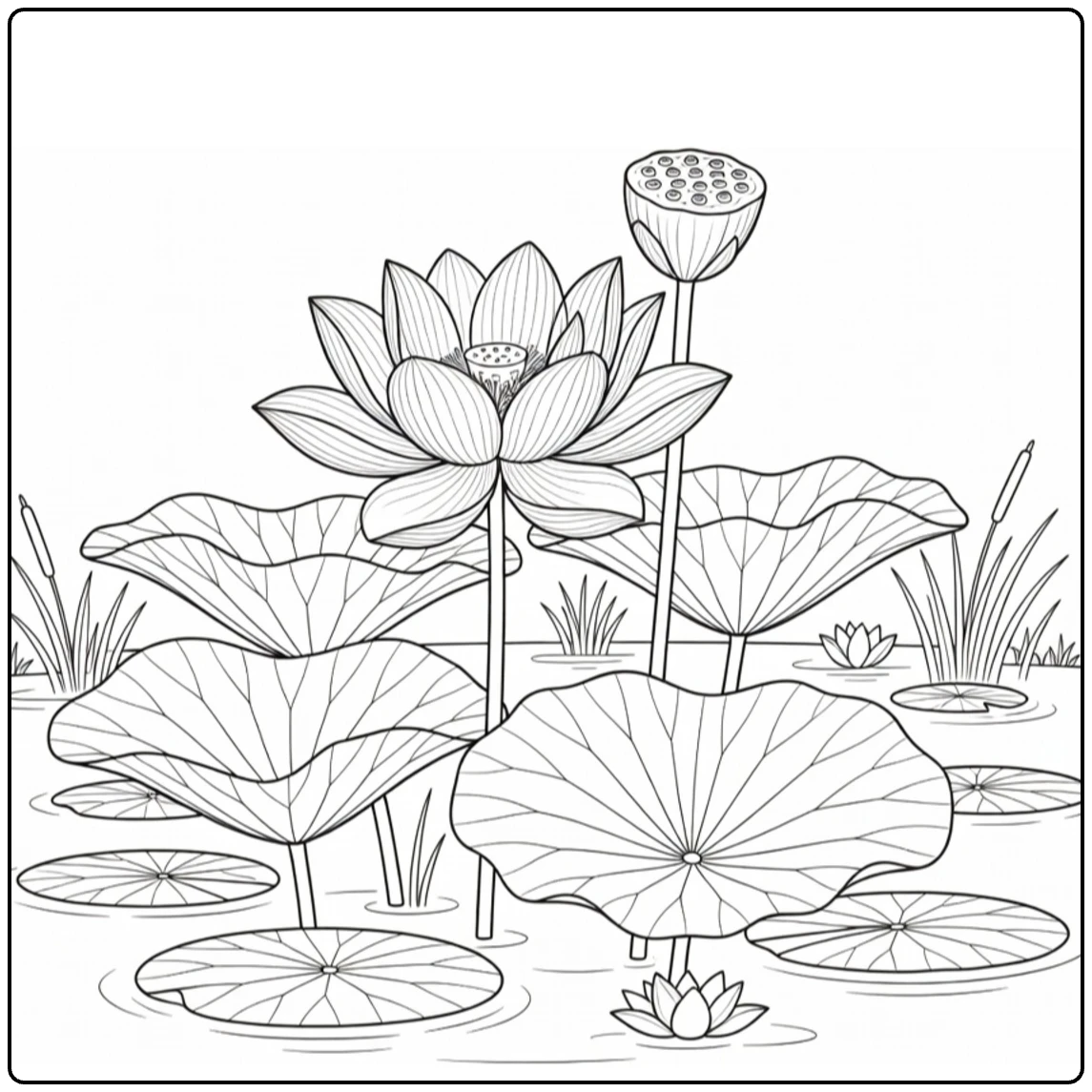 Waterplanten Kleurplaat lotusbloem met zaaddoos en bladeren